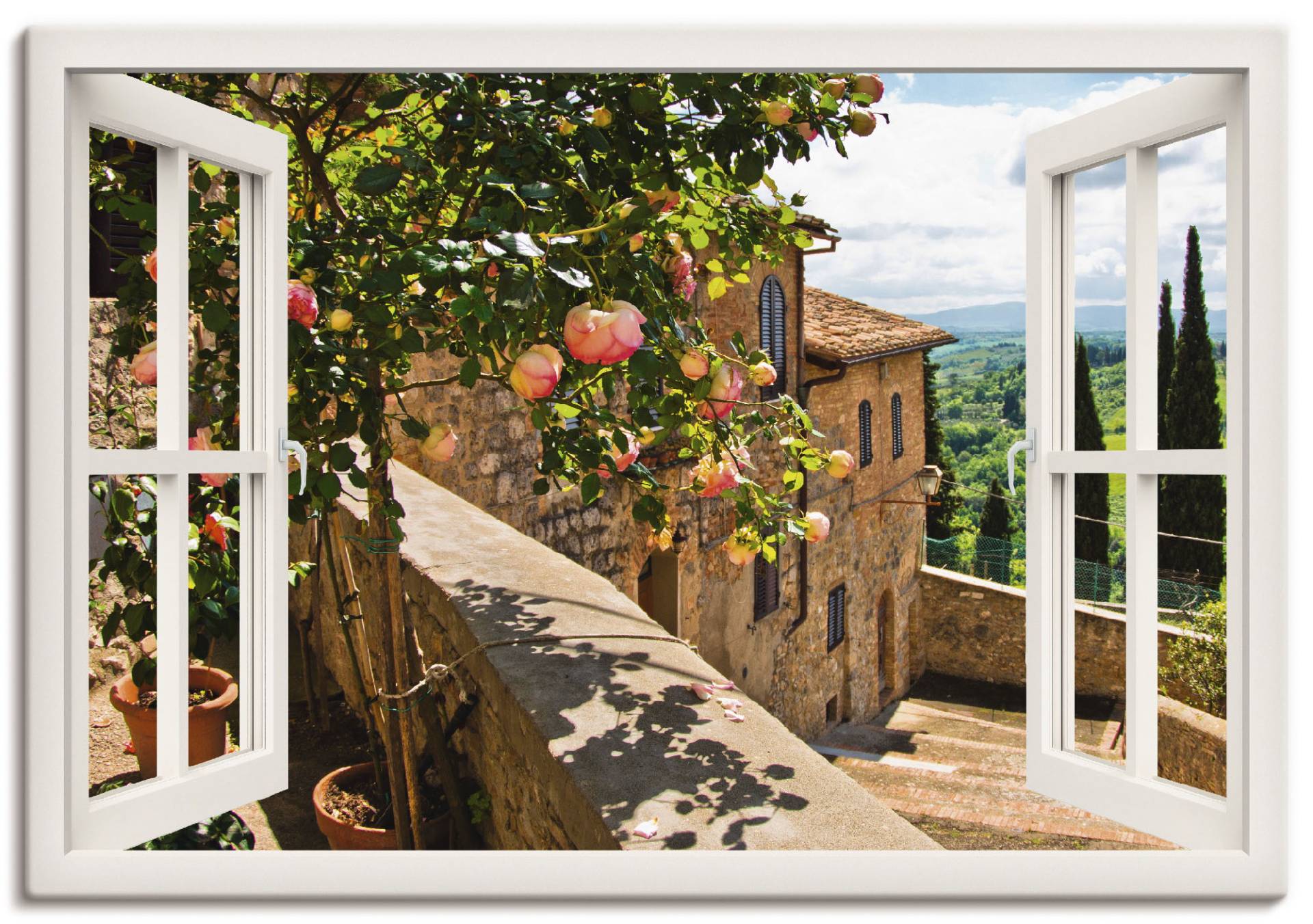 Artland Wandbild »Fensterblick Rosen auf Balkon Toskana«, Garten, (1 St.), als Alubild, Outdoorbild, Leinwandbild, Poster, Wandaufkleber von Artland