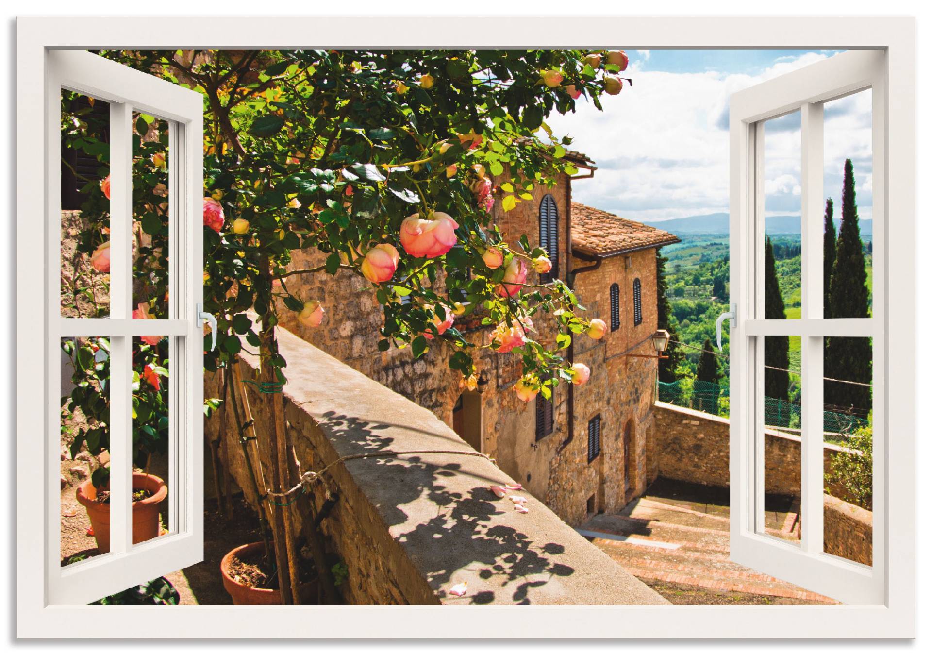 Artland Wandbild »Fensterblick Rosen auf Balkon Toskana«, Garten, (1 St.), als Alubild, Outdoorbild, Leinwandbild, Poster, Wandaufkleber von Artland