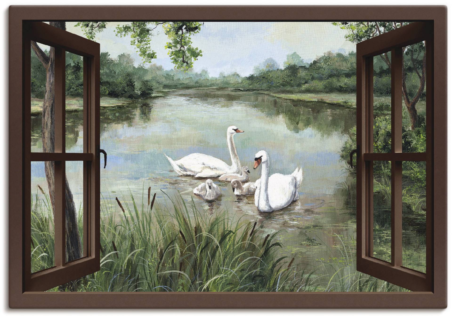 Artland Wandbild »Fensterblick - Schwäne«, Vögel, (1 St.), als Alubild, Leinwandbild, Wandaufkleber oder Poster in versch. Grössen von Artland