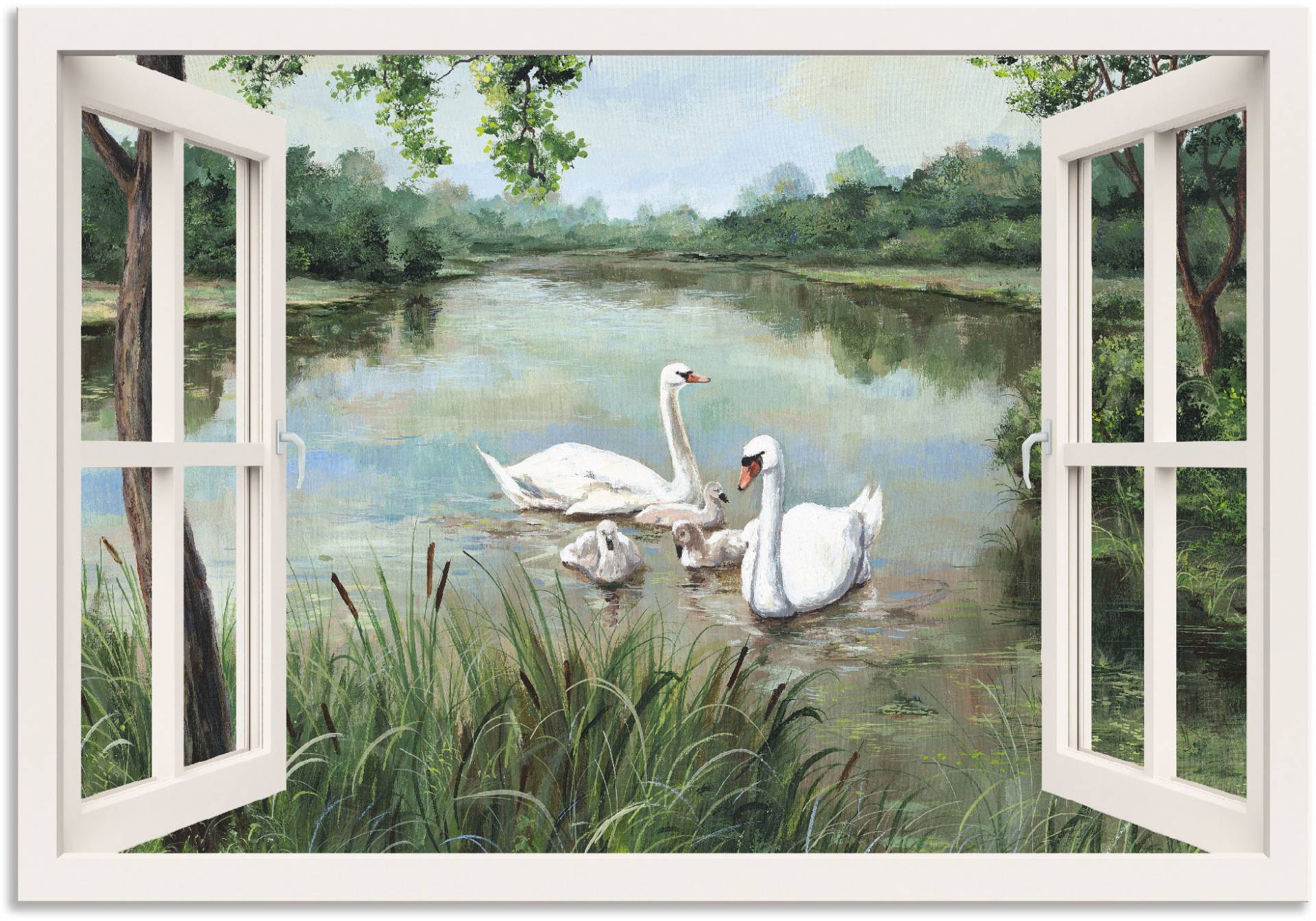 Artland Wandbild »Fensterblick - Schwäne«, Vögel, (1 St.), als Alubild, Outdoorbild, Leinwandbild, Wandaufkleber, versch. Grössen von Artland