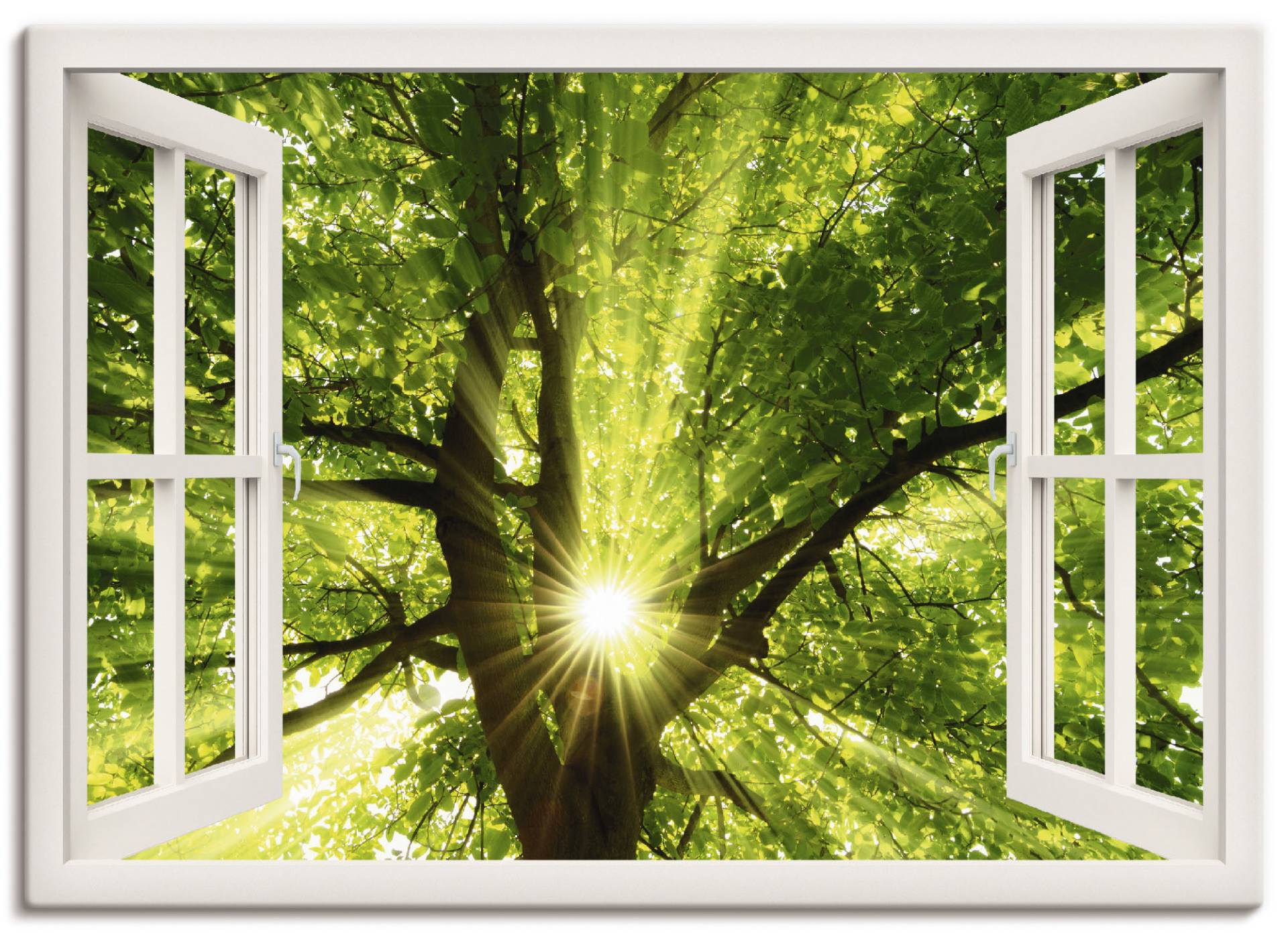 Artland Leinwandbild »Fensterblick Sonne strahlt durch Baum«, Bäume, (1 St.), auf Keilrahmen gespannt von Artland