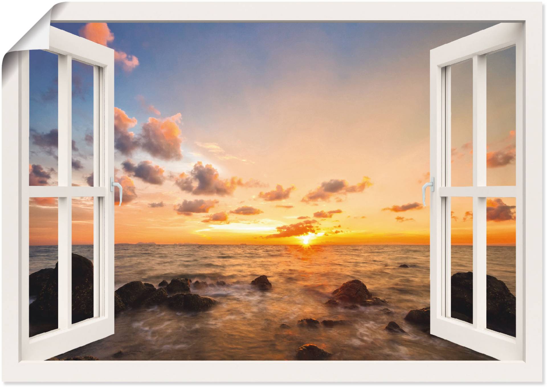 Artland Wandbild »Fensterblick Sonnenuntergang am Meer«, Fensterblick, (1 St.), als Alubild, Outdoorbild, Leinwandbild, Wandaufkleber, versch. Grössen von Artland