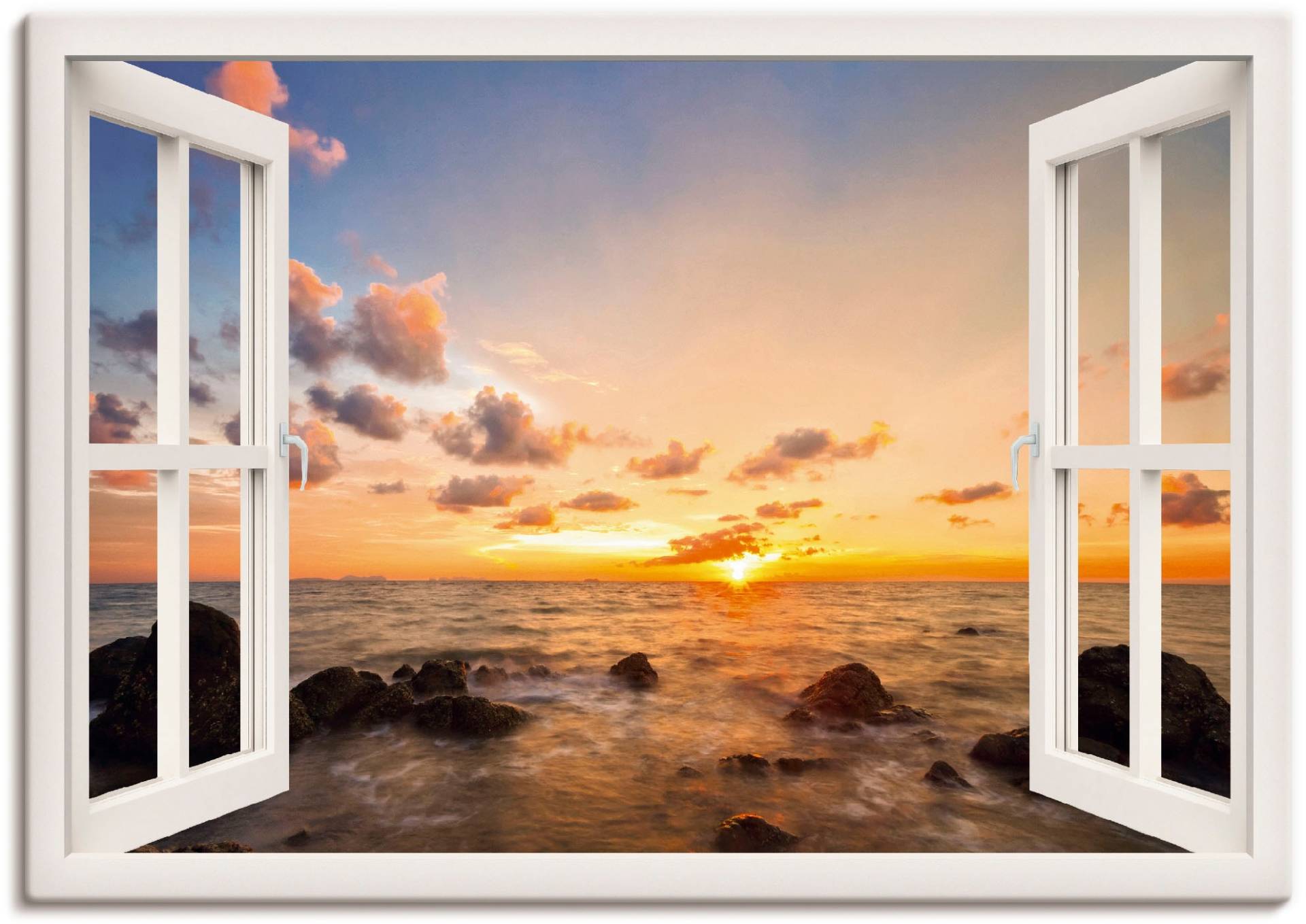 Artland Wandbild »Fensterblick Sonnenuntergang am Meer«, Fensterblick, (1 St.), als Alubild, Outdoorbild, Leinwandbild, Wandaufkleber, versch. Grössen von Artland