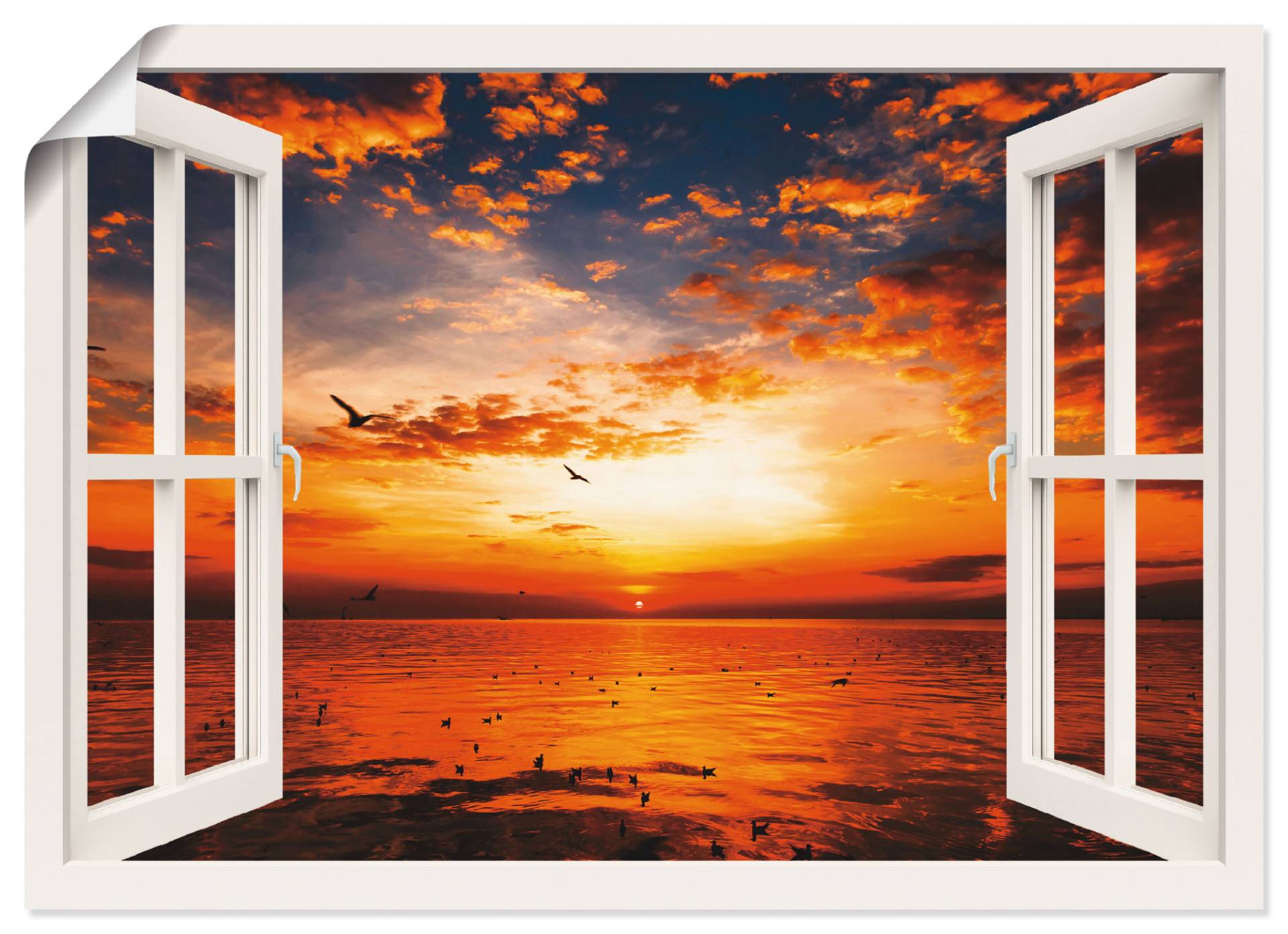 Artland Wandbild »Fensterblick Sonnenuntergang am Strand«, Fensterblick, (1 St.), als Leinwandbild, Wandaufkleber oder Poster in versch. Grössen von Artland