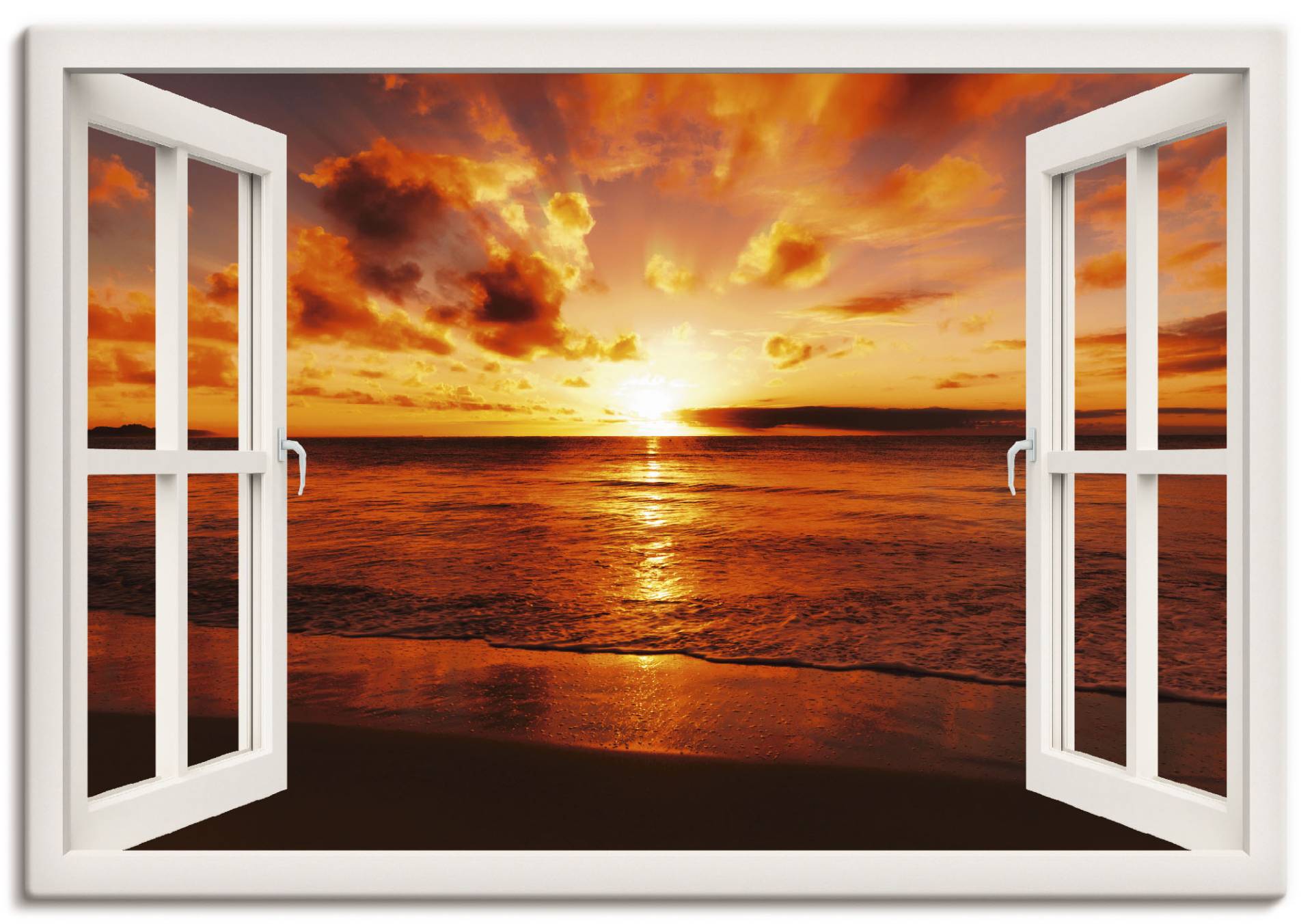 Artland Wandbild »Fensterblick Sonnenuntergang am Strand«, Fensterblick, (1 St.), als Leinwandbild, Poster in verschied. Grössen von Artland