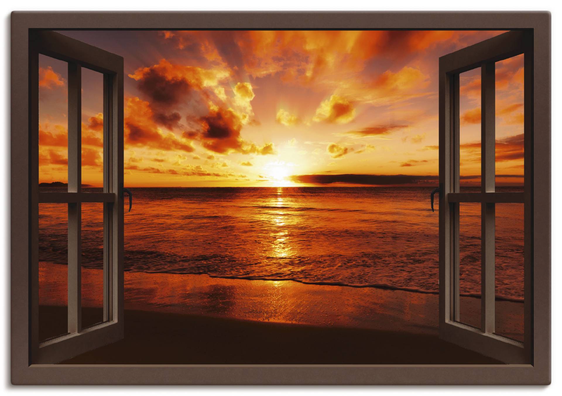 Artland Wandbild »Fensterblick Sonnenuntergang am Strand«, Fensterblick, (1 St.), als Leinwandbild, Poster, Wandaufkleber in verschied. Grössen von Artland