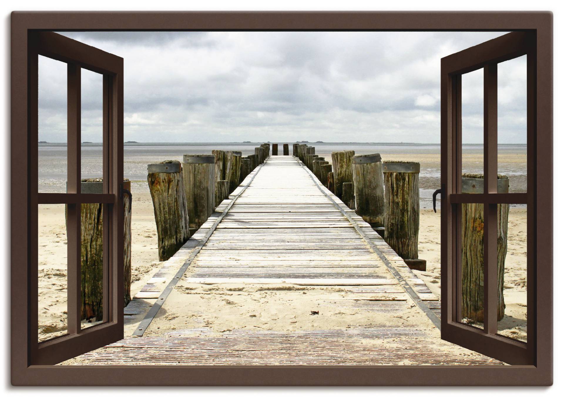 Artland Wandbild »Fensterblick - Steg ins Watt«, Fensterblick, (1 St.), als Leinwandbild, Wandaufkleber in verschied. Grössen von Artland