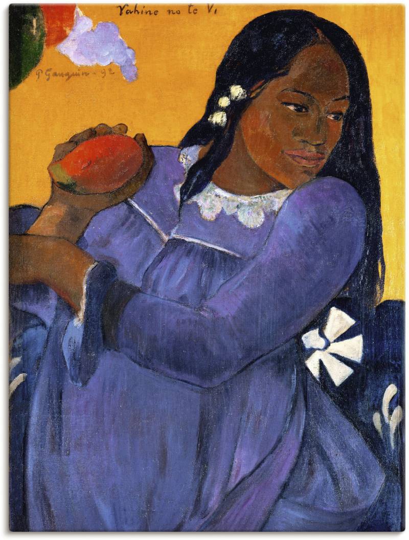 Artland Wandbild »Frau in blauem Kleid mit Mangofrucht«, Frau, (1 St.), als Leinwandbild, Wandaufkleber oder Poster in versch. Grössen von Artland