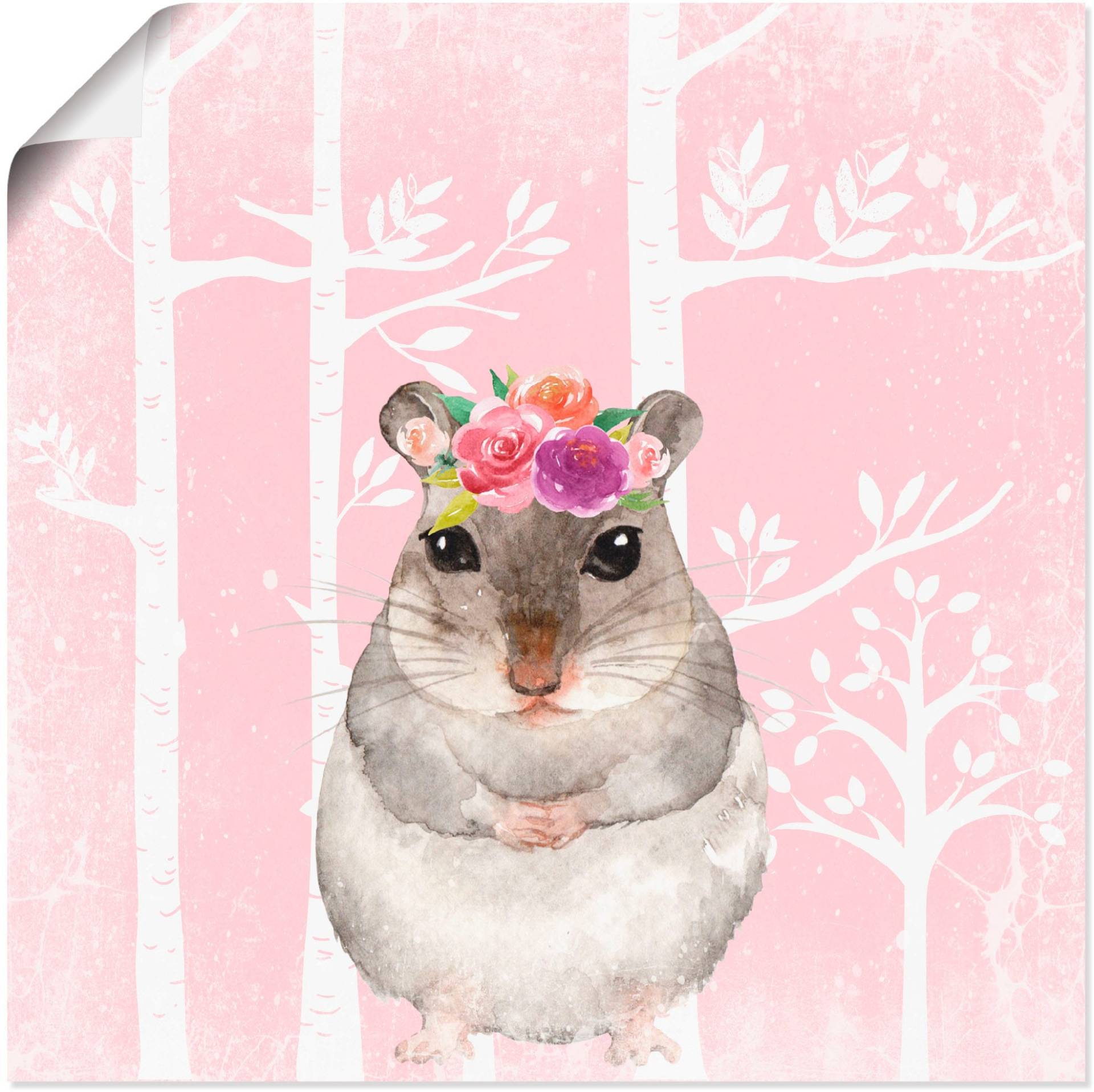 Artland Wandbild »Hamster mit Blumen im pink Wald«, Tiere, (1 St.), als Alubild, Leinwandbild, Wandaufkleber oder Poster in versch. Grössen von Artland