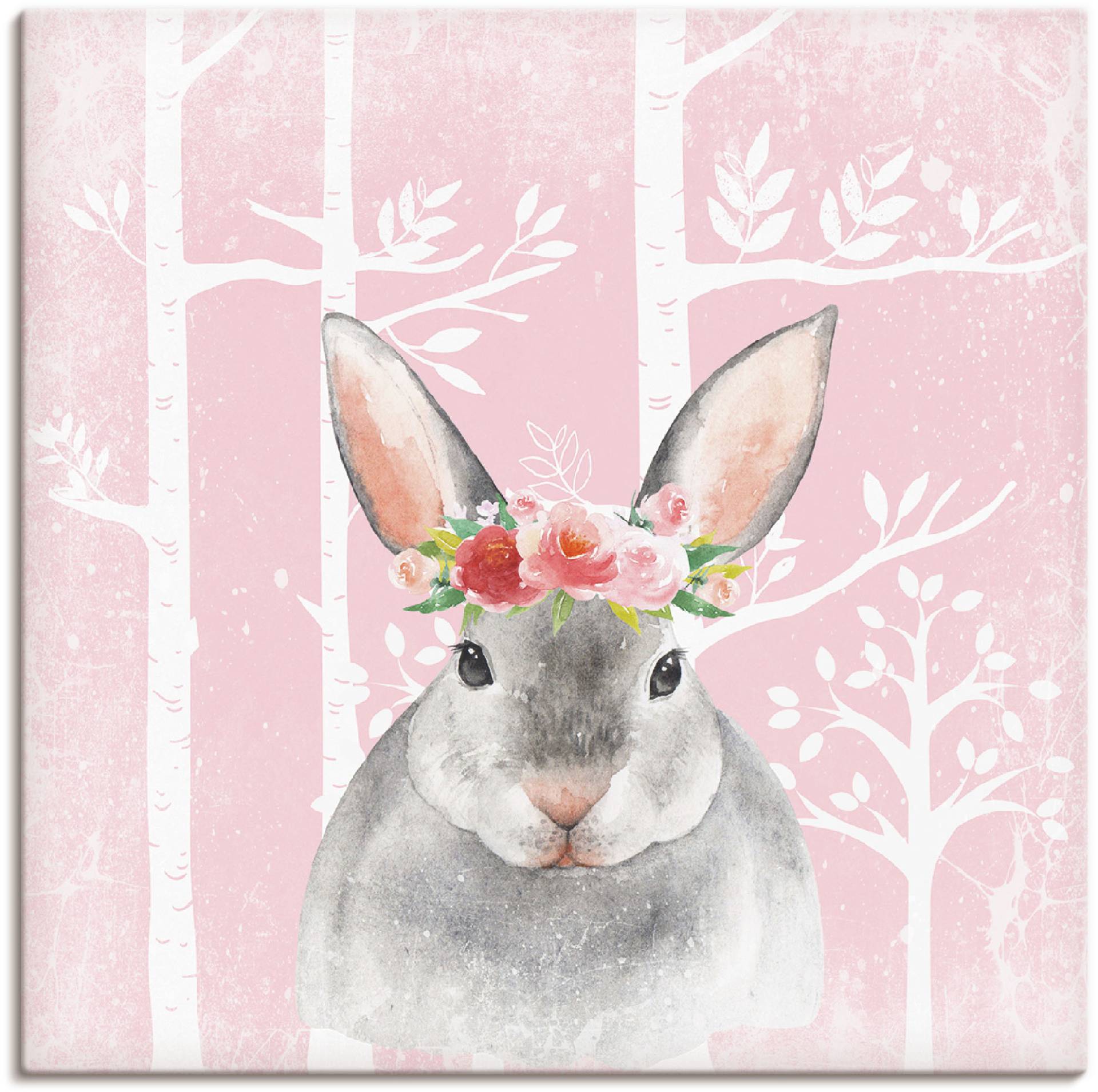 Artland Leinwandbild »Hase mit Blumen im pink Wald«, Tiere, (1 St.), auf Keilrahmen gespannt von Artland