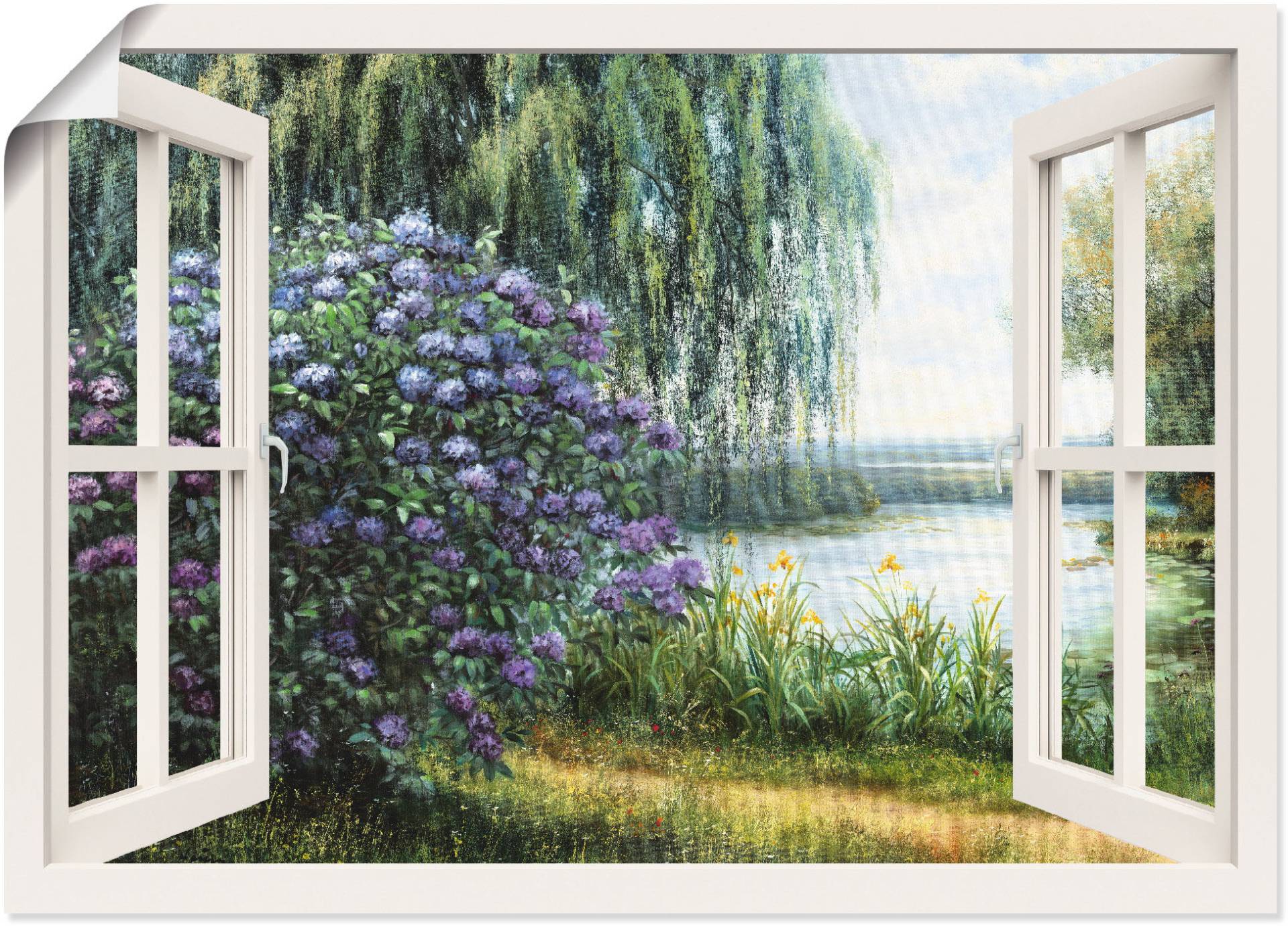 Artland Wandbild »Hortensien am See«, Fensterblick, (1 St.), als Leinwandbild, Poster, Wandaufkleber in verschied. Grössen von Artland