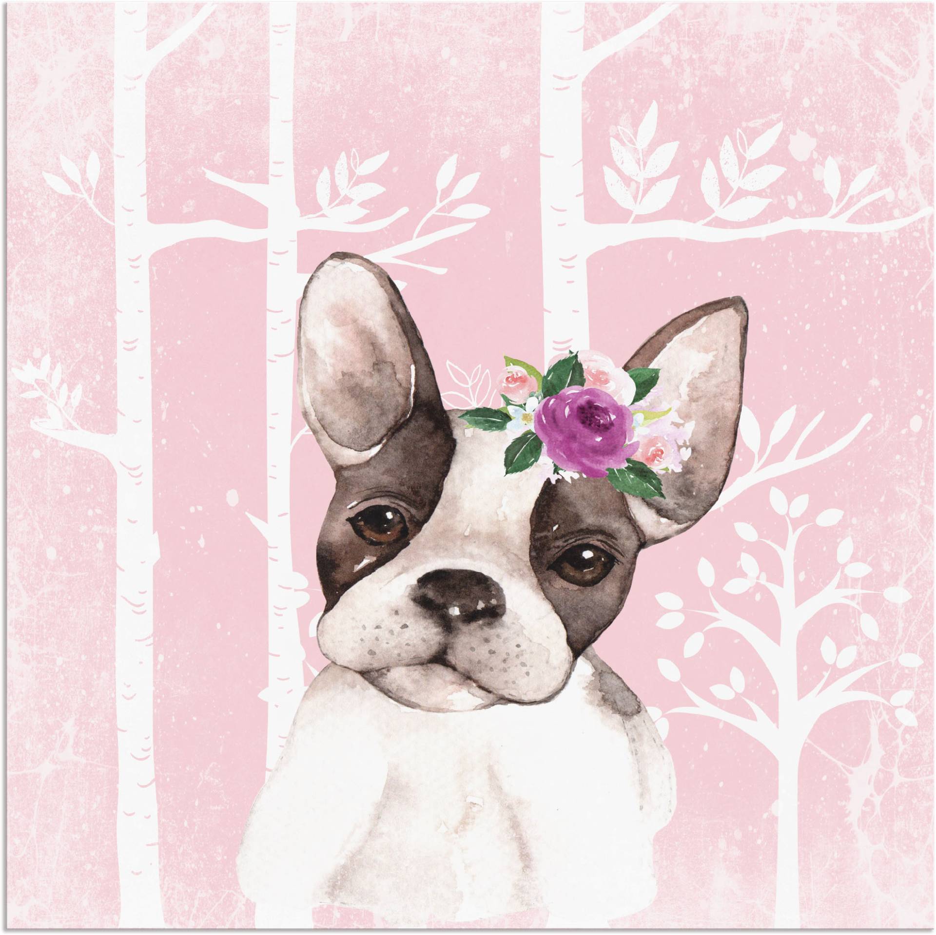 Artland Wandbild »Mops Hund mit Blumen im pink Wald«, Tiere, (1 St.), als Poster, Wandaufkleber in verschied. Grössen von Artland