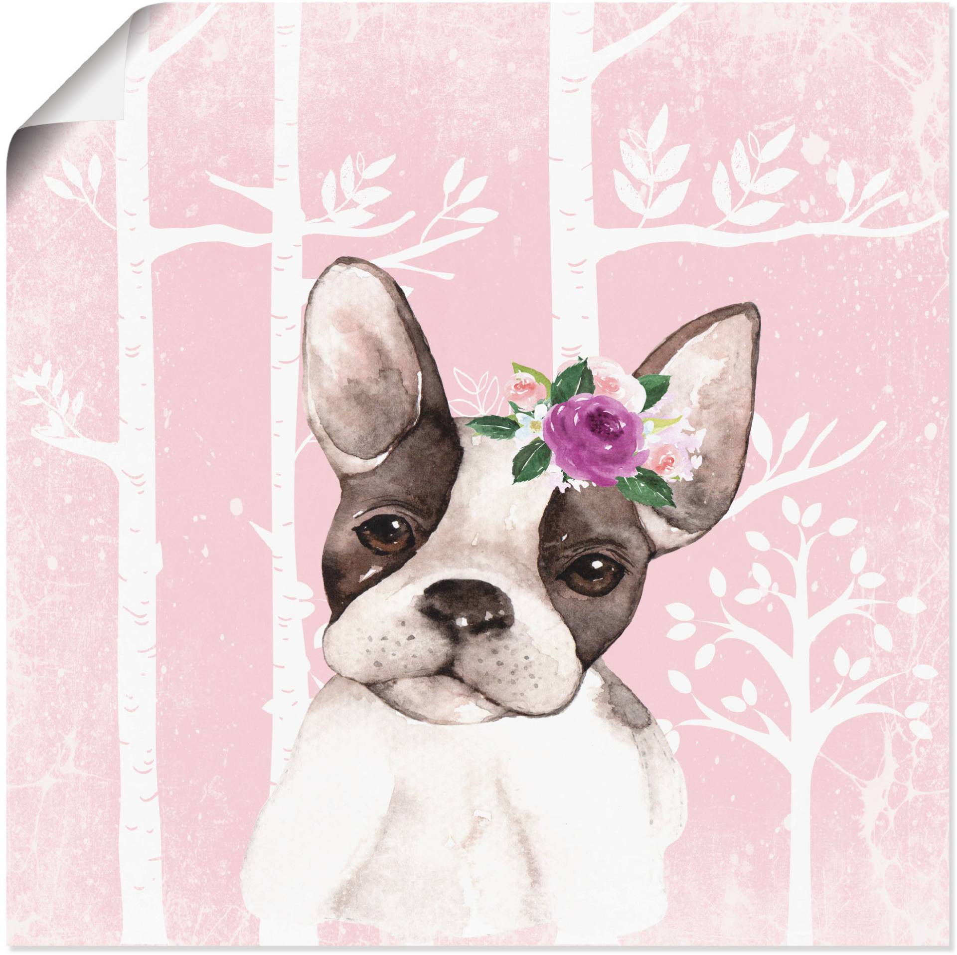 Artland Wandbild »Mops Hund mit Blumen im pink Wald«, Tiere, (1 St.), als Poster, Wandaufkleber in verschied. Grössen von Artland