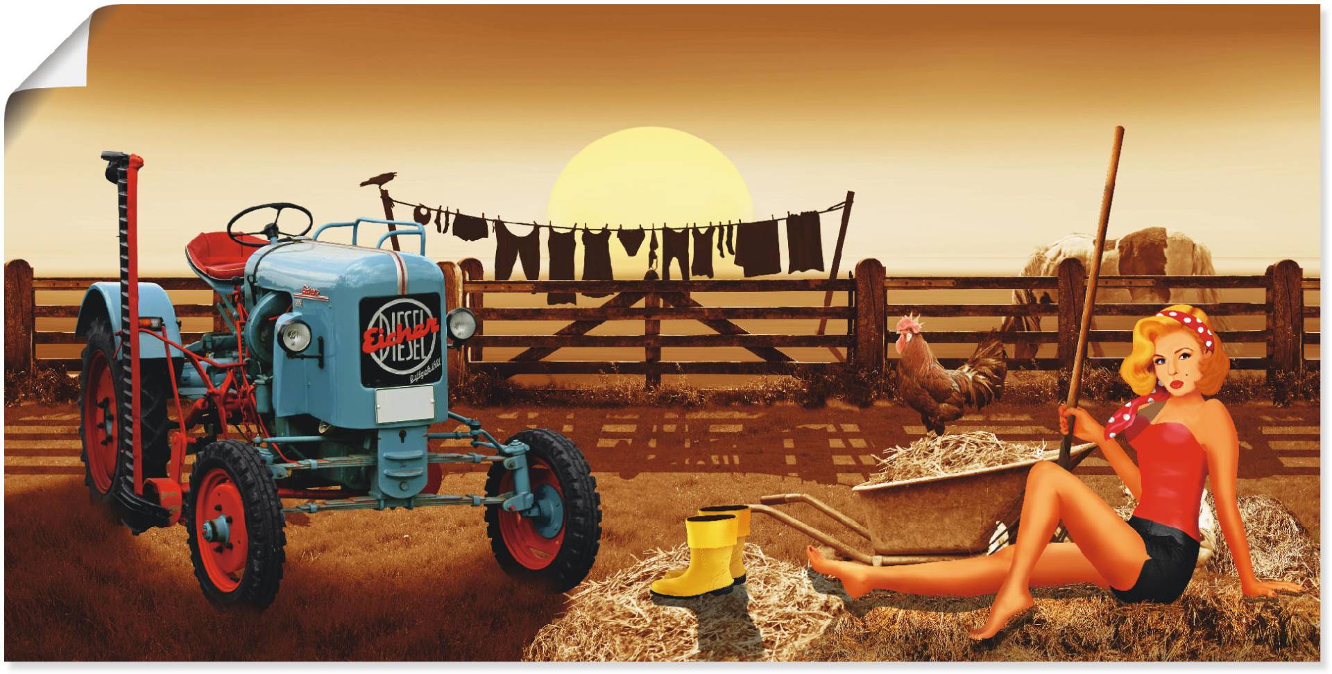 Artland Poster »Pin Up Girl mit Traktor auf Bauernhof«, Traktoren, (1 St.), als Alubild, Leinwandbild, Wandaufkleber oder Poster in versch. Grössen von Artland