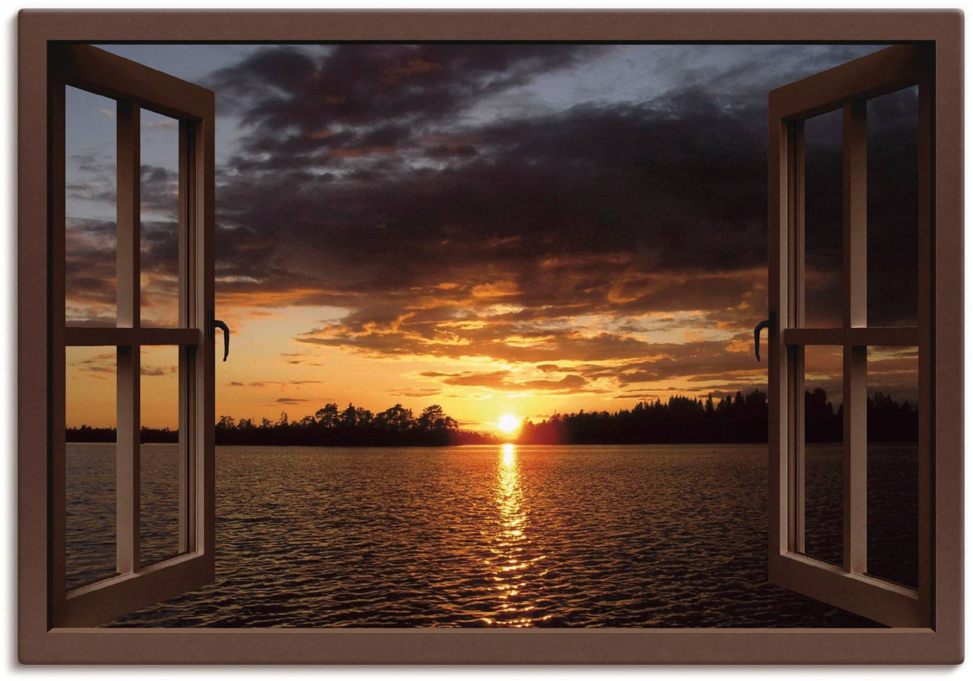 Artland Leinwandbild »Sonnenuntergang am See, braunes Fenster«, Seebilder, (1 St.), auf Keilrahmen gespannt von Artland