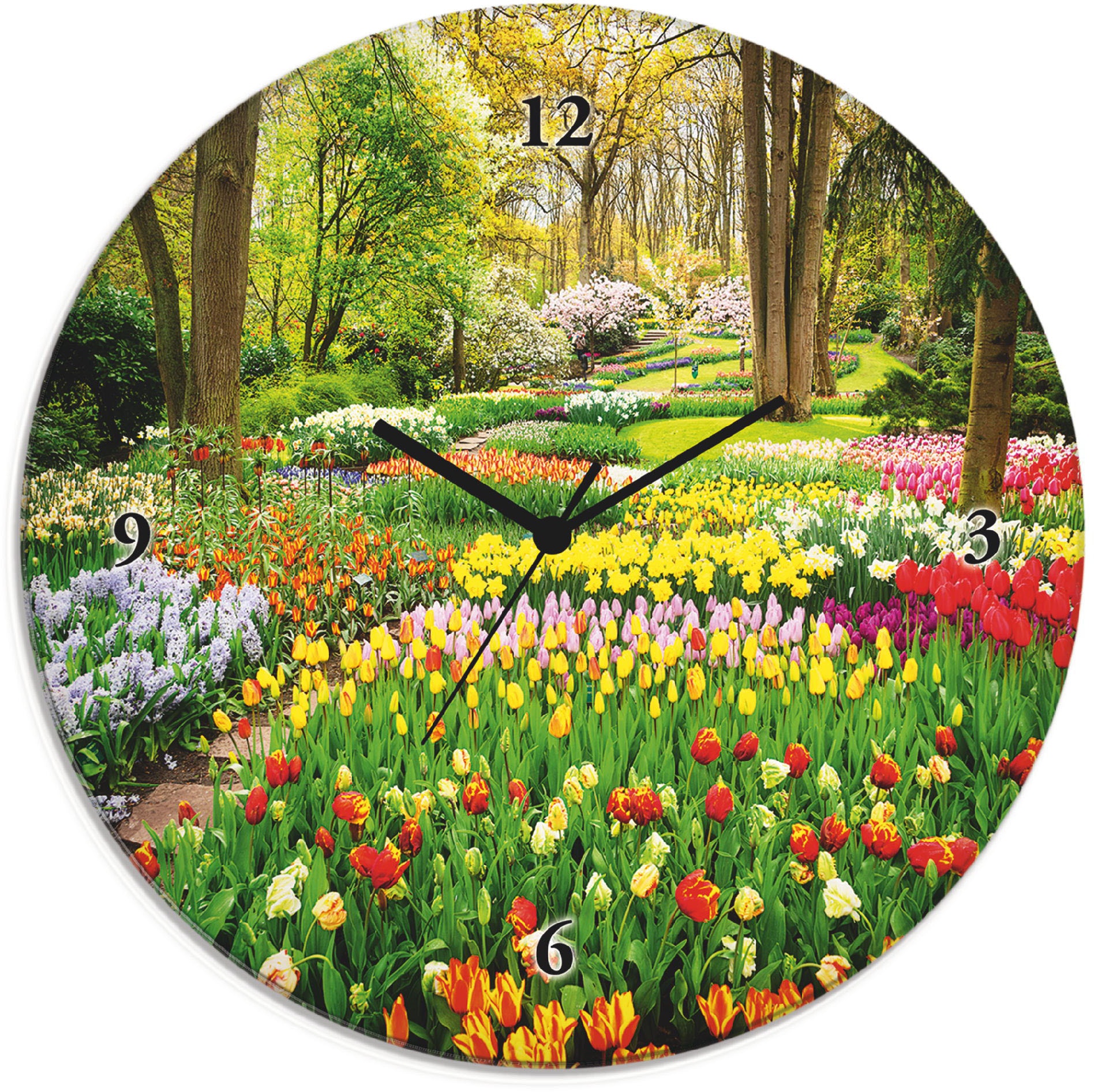 Artland Wanduhr »Glasuhr rund Tulpen Garten Frühling«, wahlweise mit Quarz- oder Funkuhrwerk, lautlos ohne Tickgeräusche von Artland