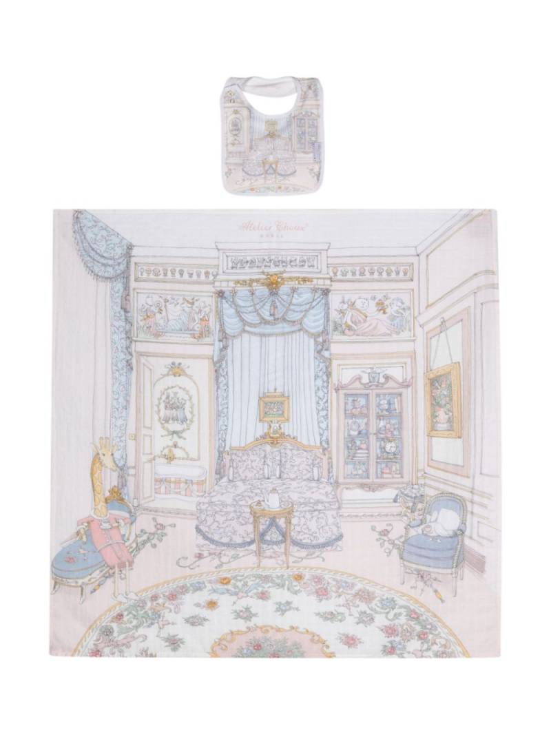 Atelier Choux French Bedroom-print blanket and bib set (set of two) - White von Atelier Choux