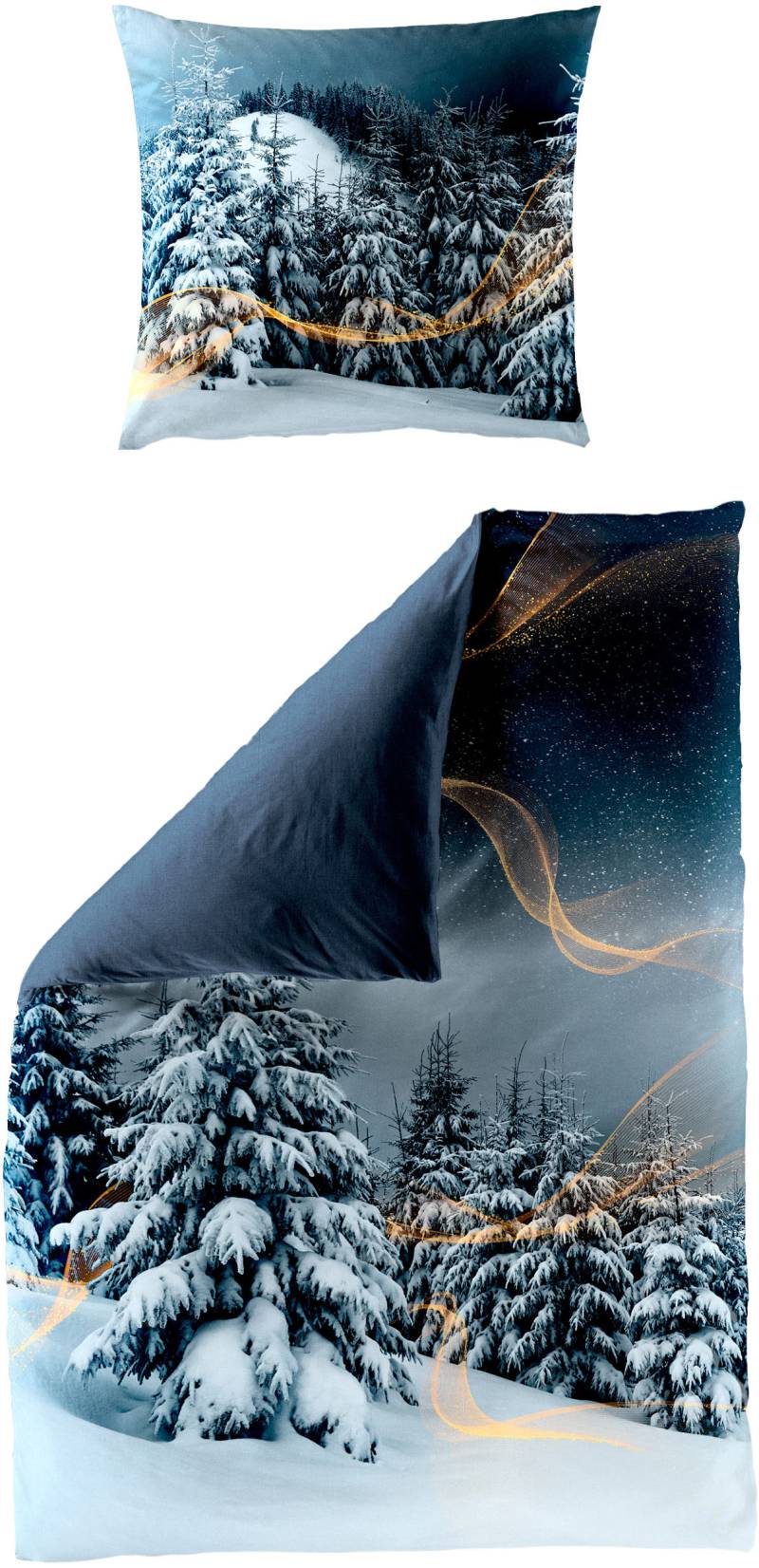 BIERBAUM Wendebettwäsche, Mako-Satin, 100 % Baumwolle, mit einer Winterlandschaft, pflegeleicht von BIERBAUM