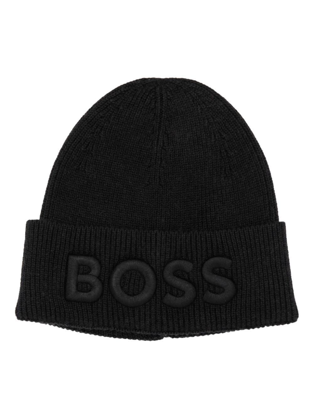 BOSS logo-embroidered fisherman's-knit beanie - Black von BOSS