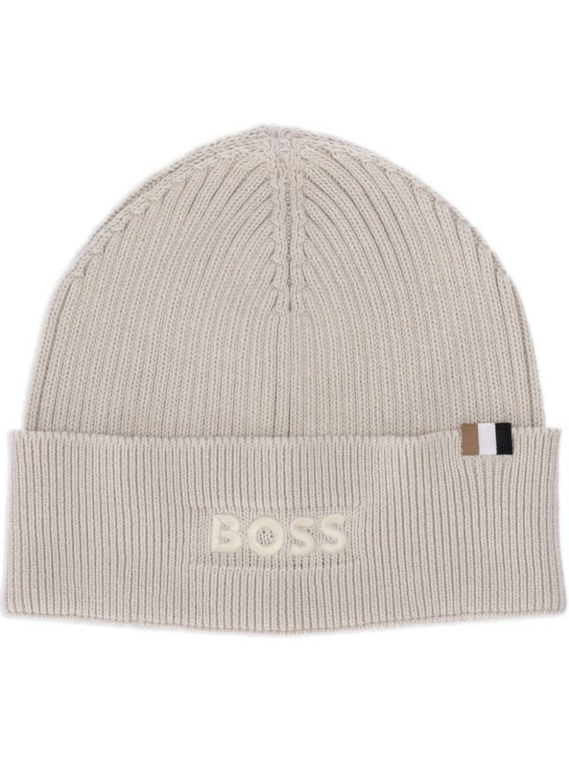 BOSS logo-embroidered ribbed knit beanie - Neutrals von BOSS