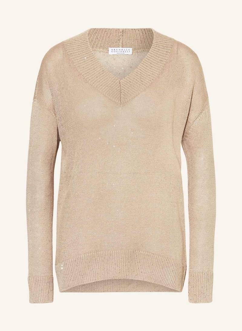 Brunello Cucinelli Leinenpullover Mit Pailletten beige von BRUNELLO CUCINELLI