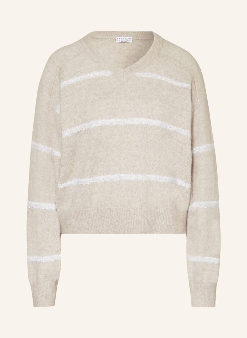 Brunello Cucinelli Pullover Mit Glitzergarn Und Pailletten weiss von BRUNELLO CUCINELLI