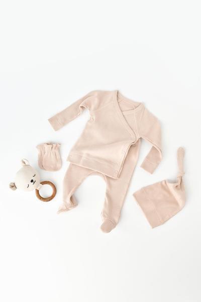 4 Stk Set, Hose, T-shirt, Mütze, Fausthandschuhe Unisex Nude 56 von BabyCosy Organic