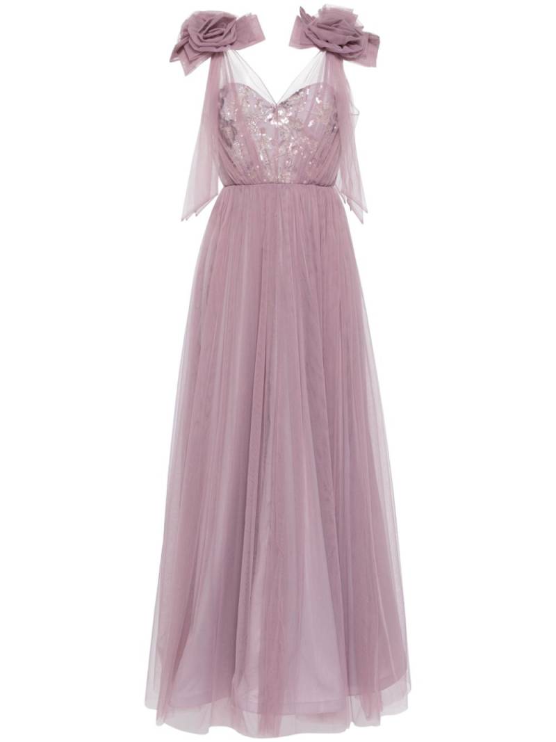 Badgley Mischka floral-appliqué tulle gown - Purple von Badgley Mischka