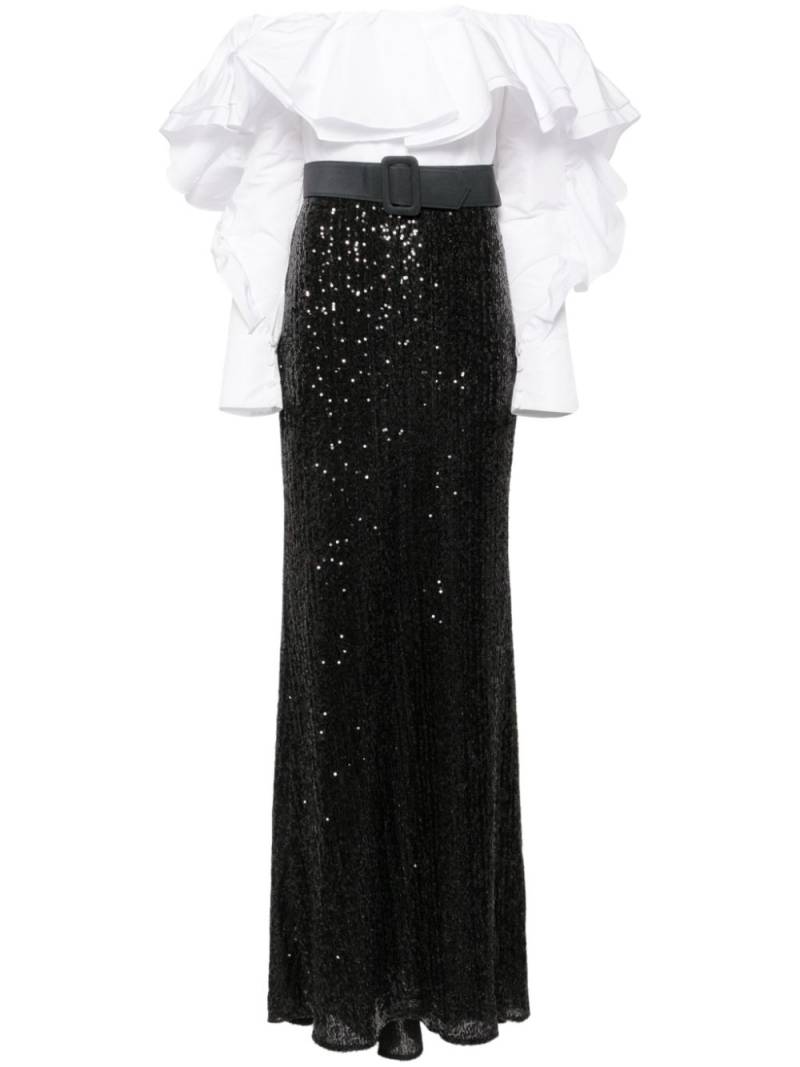 Badgley Mischka ruffled off the shoulders sequin gown - Black von Badgley Mischka