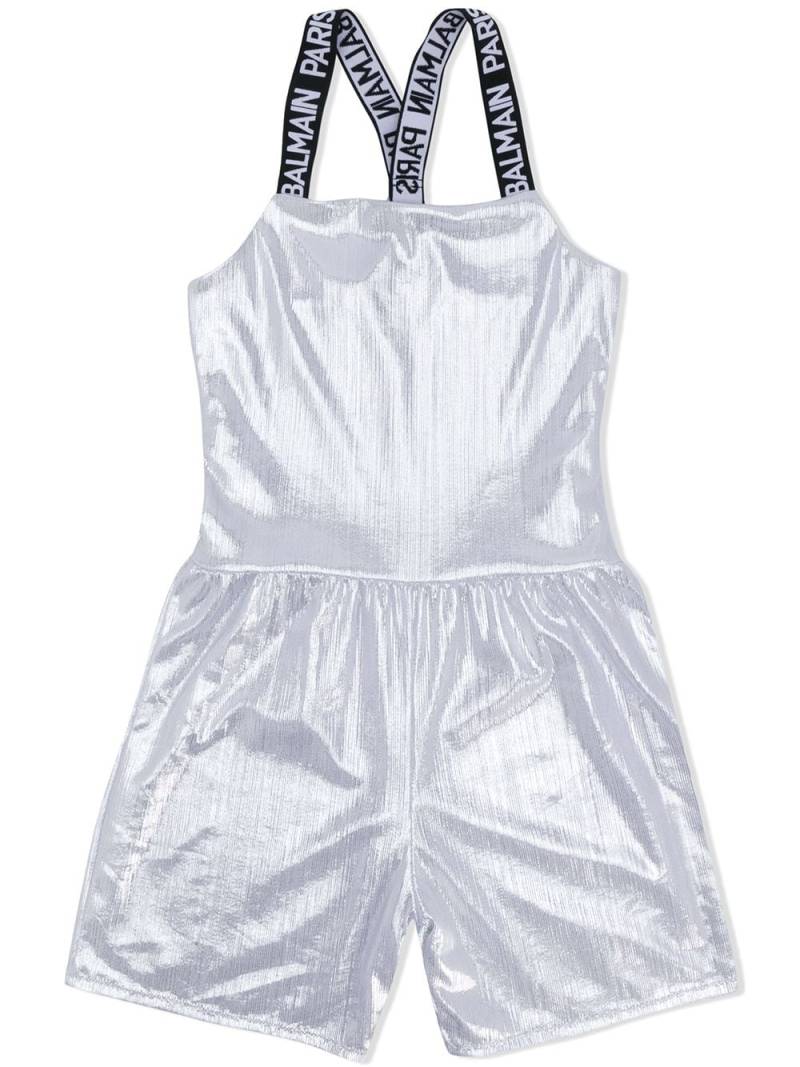 Balmain Kids criss cross logo strap playsuit - Silver von Balmain Kids