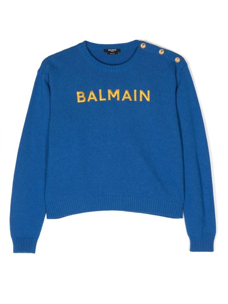 Balmain Kids embroidered-logo crew-neck jumper - Blue von Balmain Kids