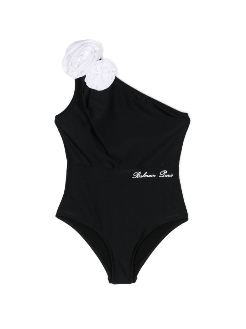 Balmain Kids floral-appliqué one-shoulder swimsuit - Black von Balmain Kids