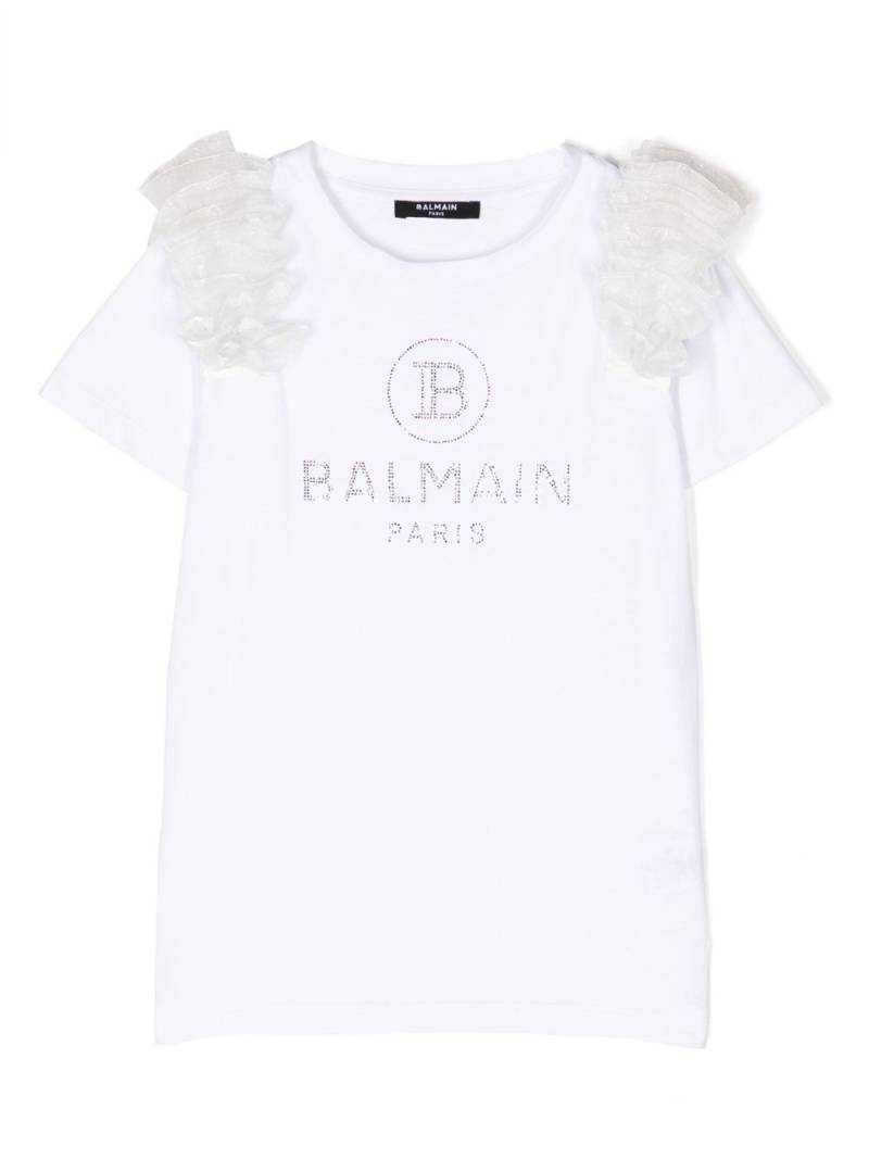 Balmain Kids logo-embellished floral-appliqué T-shirt - White von Balmain Kids