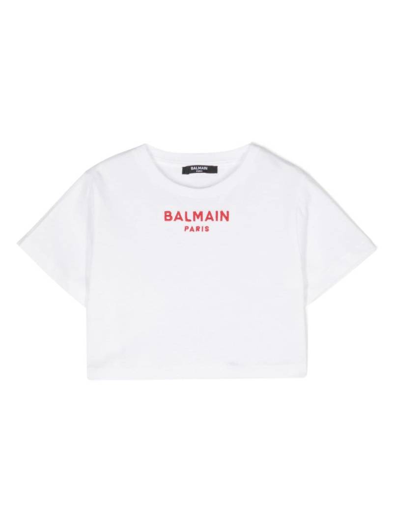 Balmain Kids logo-embroidered cropped T-shirt - White von Balmain Kids