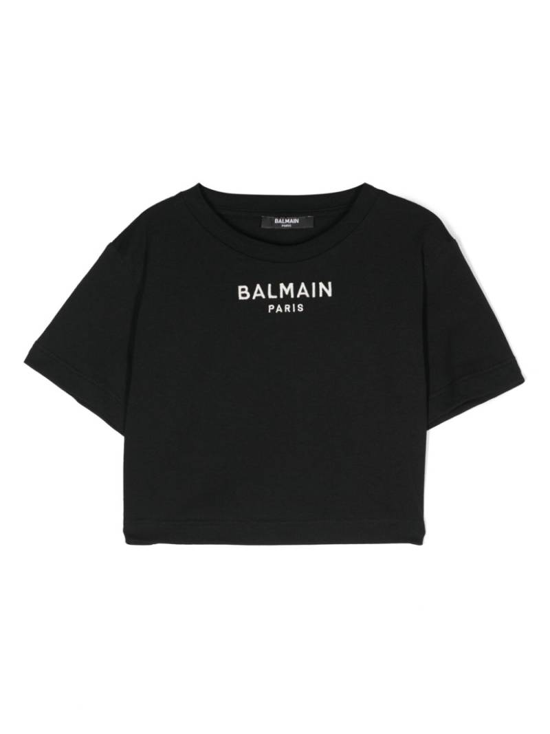 Balmain Kids logo-embroidery cropped T-shirt - Black von Balmain Kids