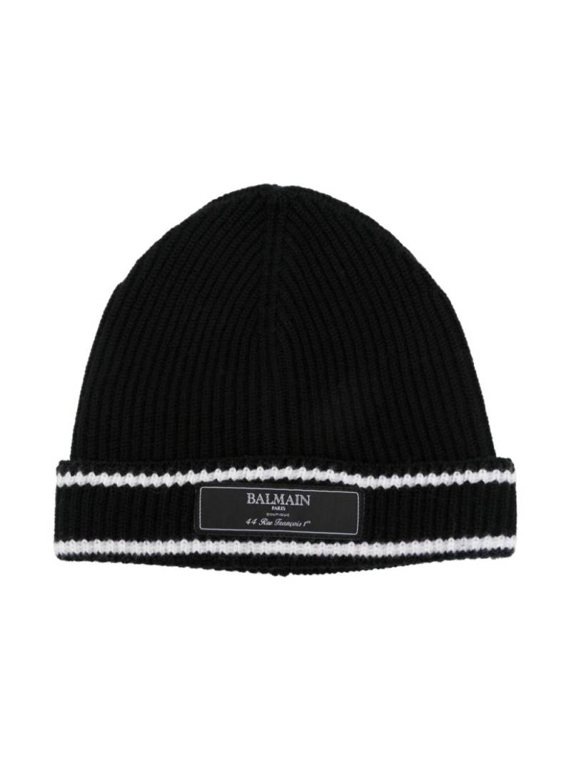 Balmain Kids logo-patch ribbed beanie - Black von Balmain Kids