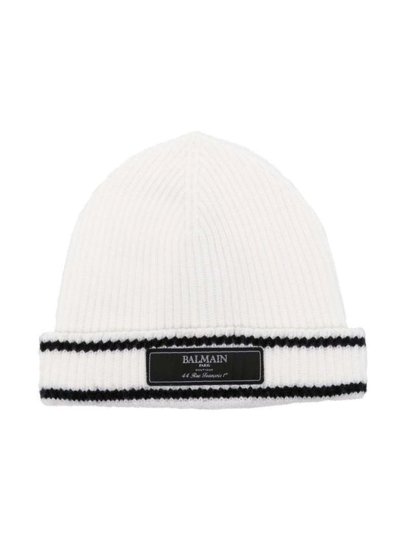 Balmain Kids logo-patch ribbed beanie - White von Balmain Kids