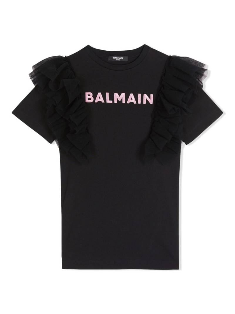 Balmain Kids logo-print ruffled dress - Black von Balmain Kids