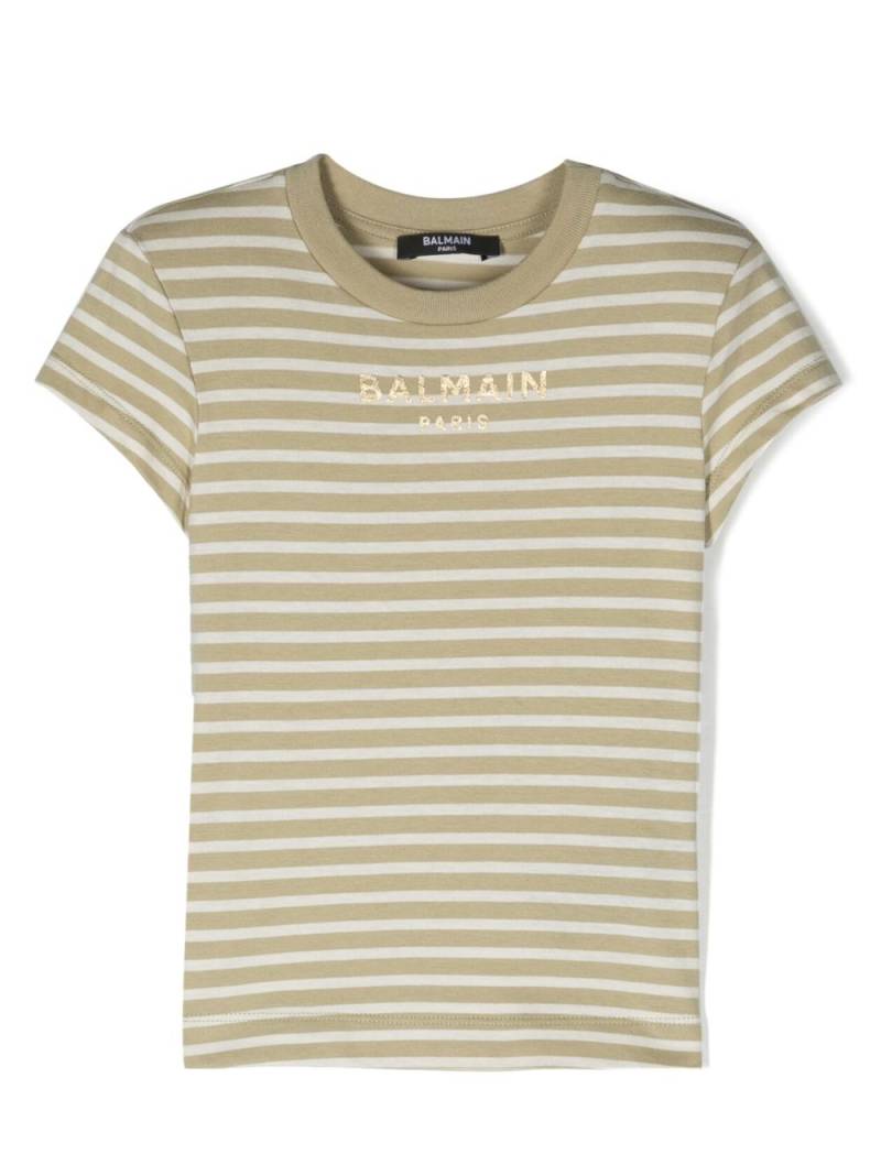 Balmain Kids logo-print striped cotton T-shirt - Green von Balmain Kids