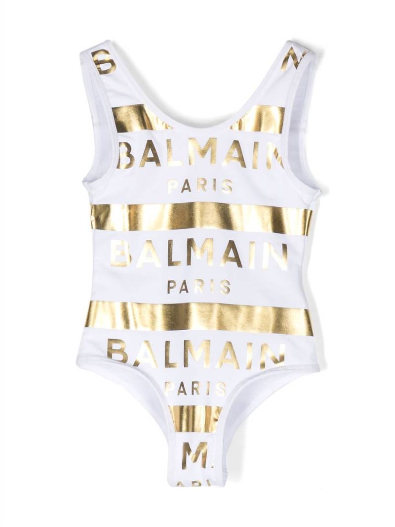 Balmain Kids metallic logo-print swimsuit - White von Balmain Kids