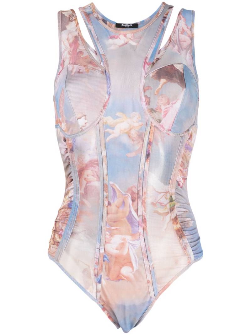 Balmain Sky-print tulle bodysuit - Blue von Balmain