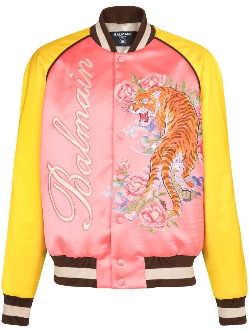 Balmain Tiger-embroidered satin bomber jacket - Pink von Balmain