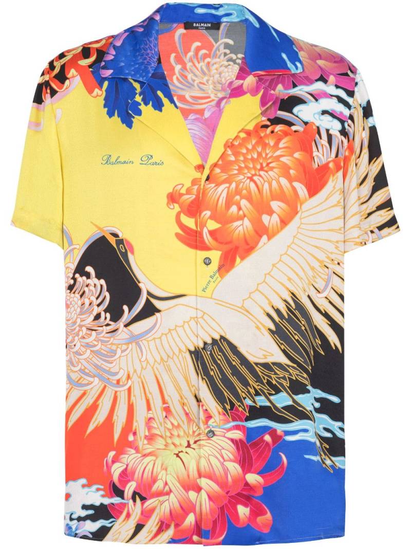 Balmain crane-print satin shirt - Blue von Balmain