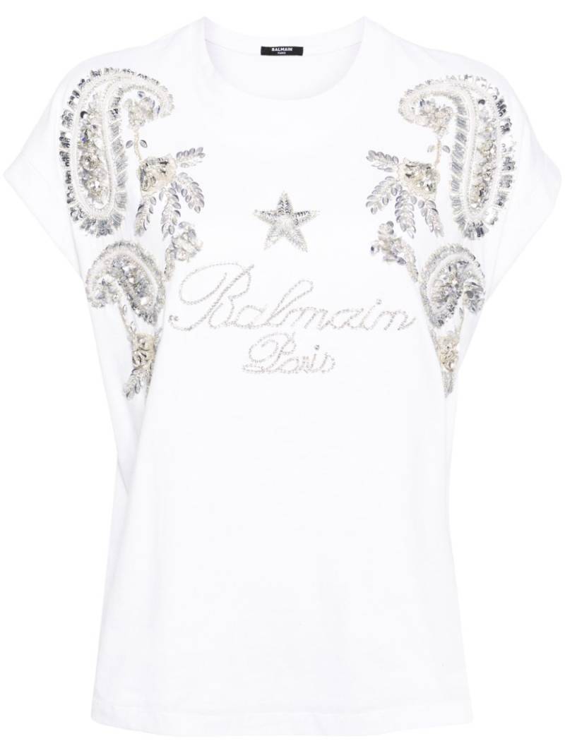 Balmain crystal-embellished cotton T-shirt - White von Balmain