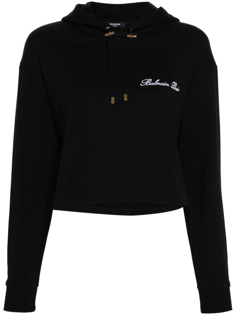 Balmain logo-embroidered cotton hoodie - Black von Balmain