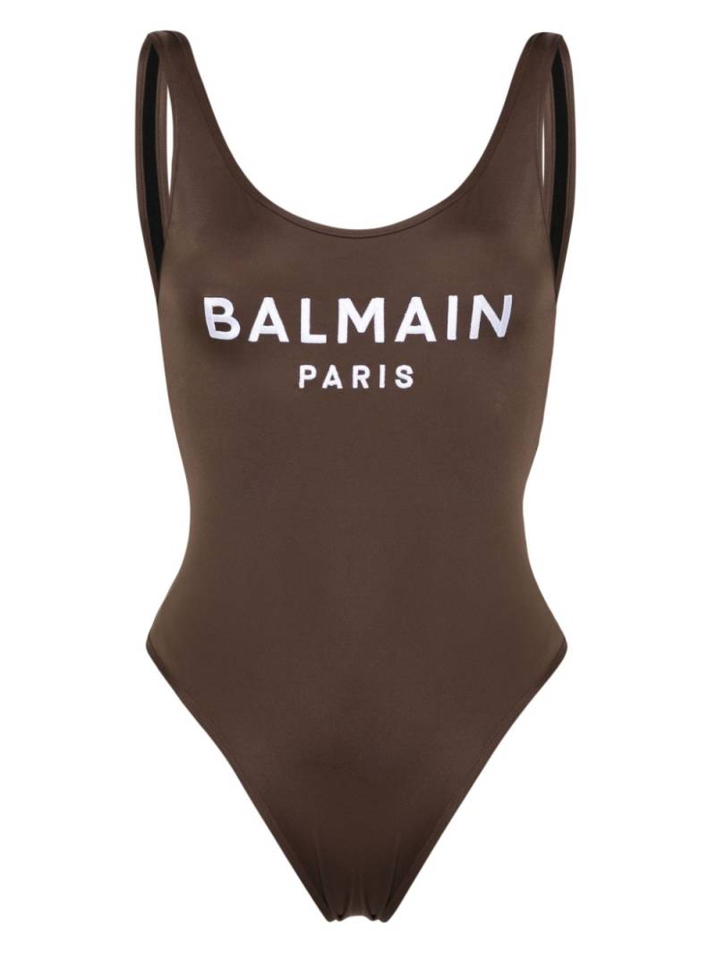 Balmain embroidered-logo scoop-back swimsuit - Brown von Balmain