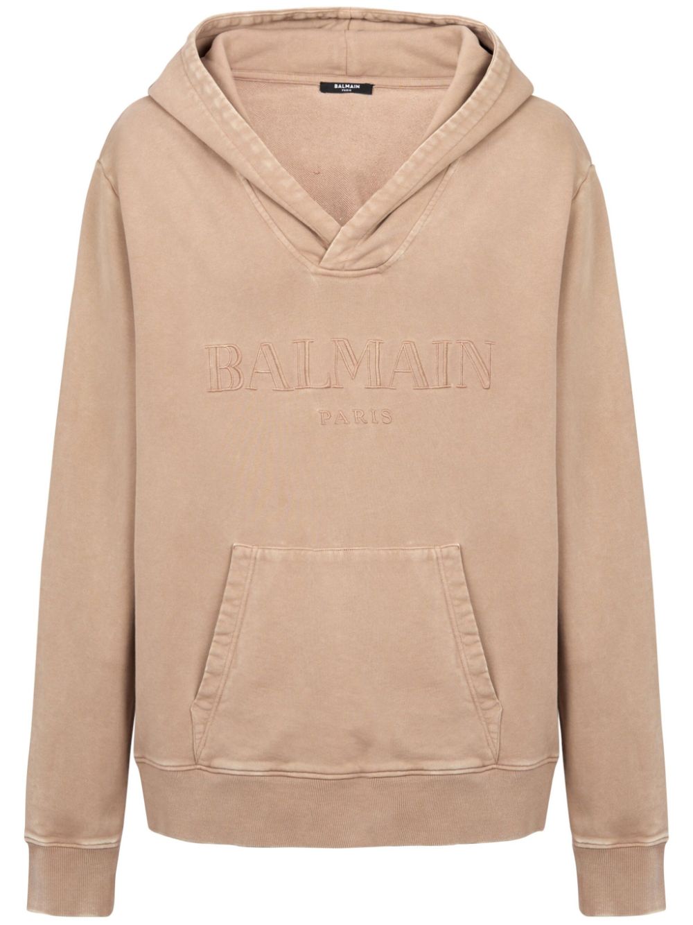 Balmain logo-embroidered V-neck cotton hoodie - Neutrals von Balmain