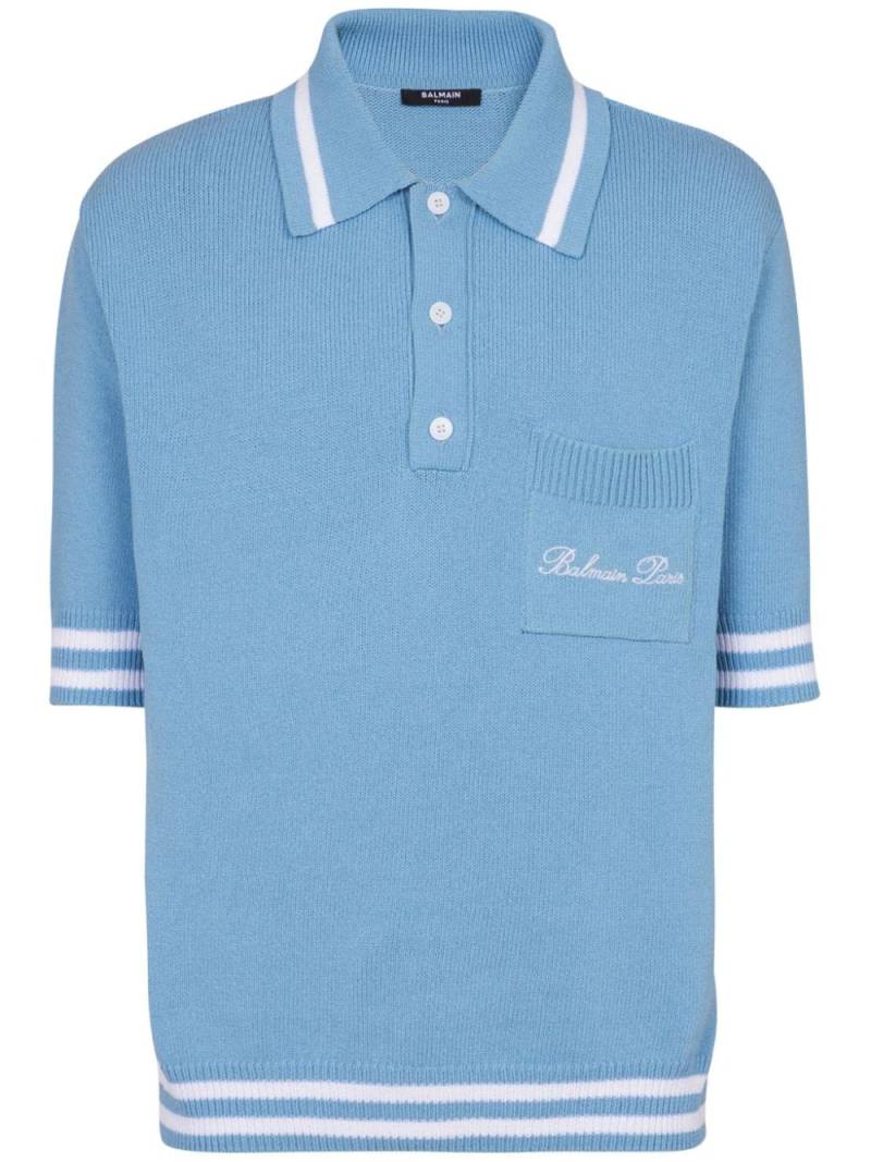 Balmain logo-embroidered knitted polo shirt - Blue von Balmain