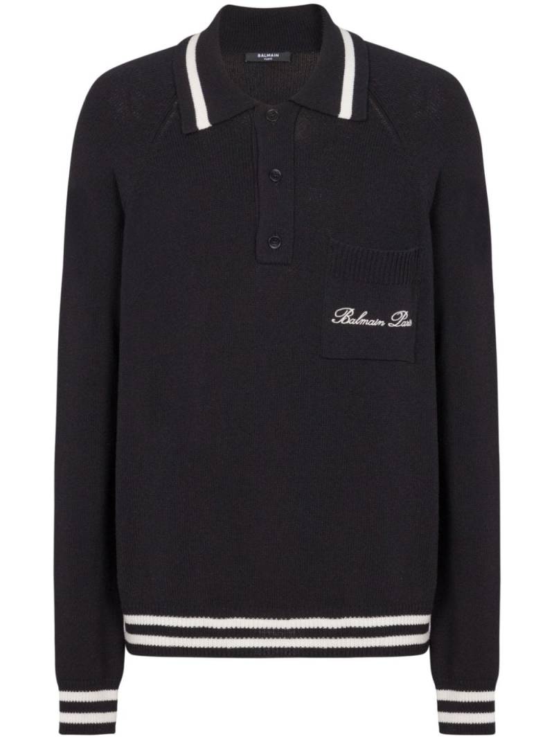 Balmain logo-embroidered long-sleeved polo shirt - Black von Balmain