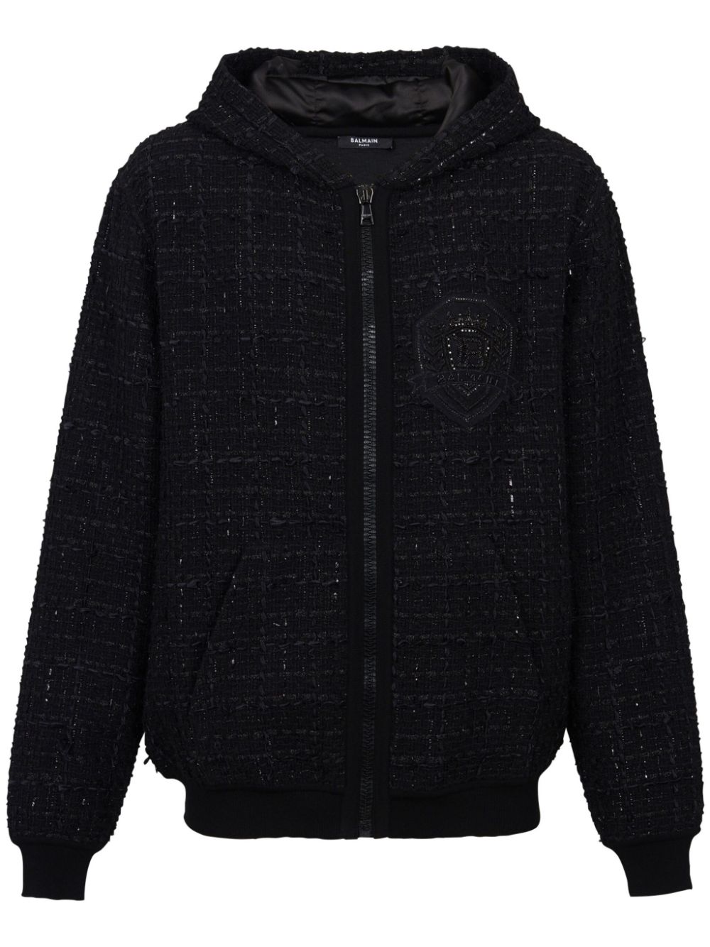 Balmain logo-patch tweed hooded jacket - Black von Balmain